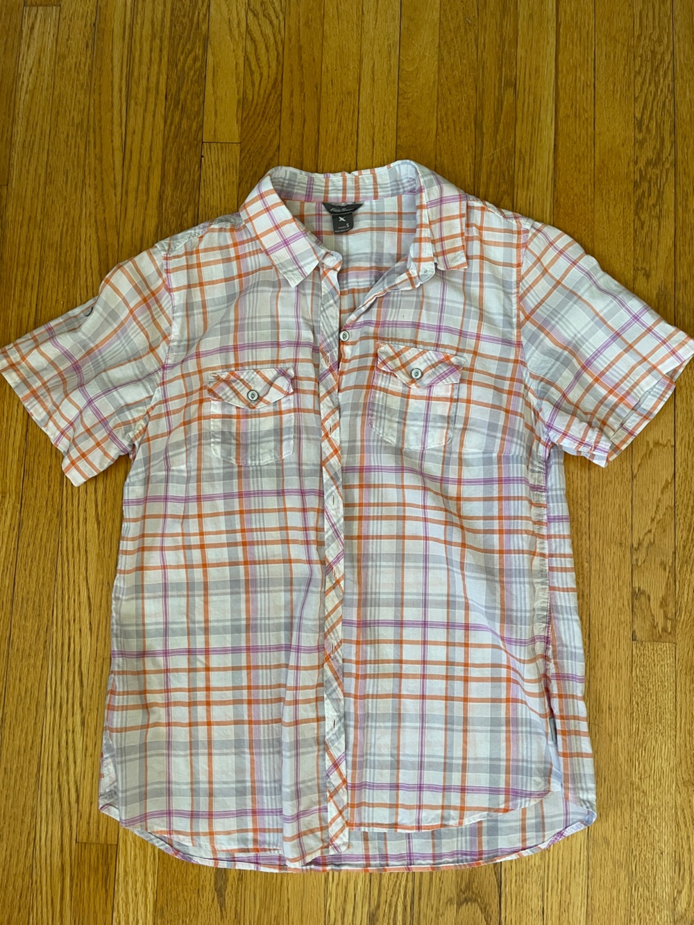 Eddie Bauer White Plaid Button-Down Shirt with Orange & Purple